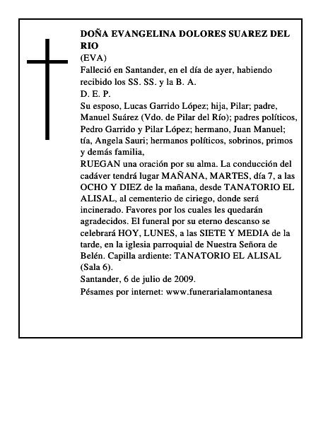 DOÑA EVANGELINA DOLORES SUAREZ DEL RIO