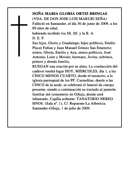 DOÑA MARIA GLORIA ORTIZ BRINGAS