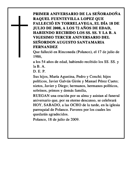 Primer aniversario de la señoraDOÑA RAQUEL FUENTEVILLA LOPEZ Que falleció en To