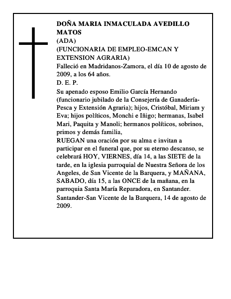 DOÑA MARIA INMACULADA AVEDILLO MATOS