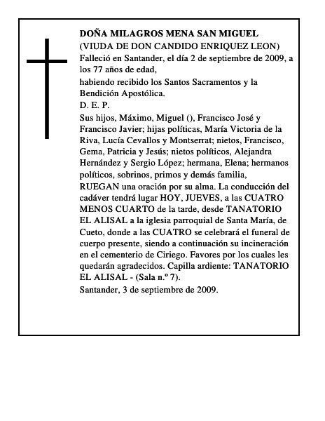 DOÑA MILAGROS MENA SAN MIGUEL