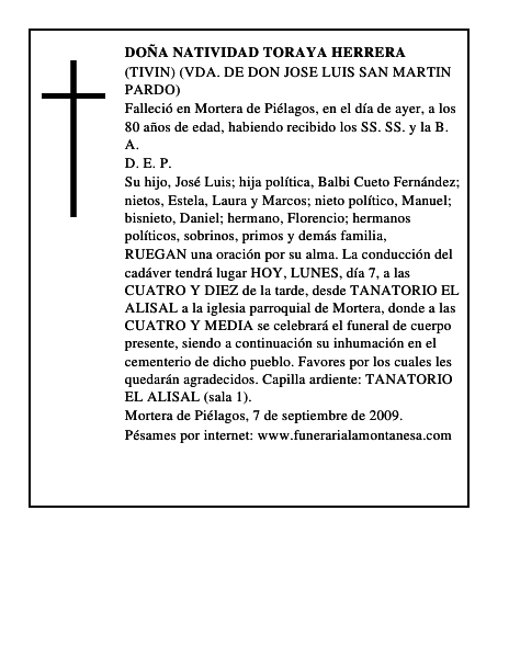 DOÑA NATIVIDAD TORAYA HERRERA