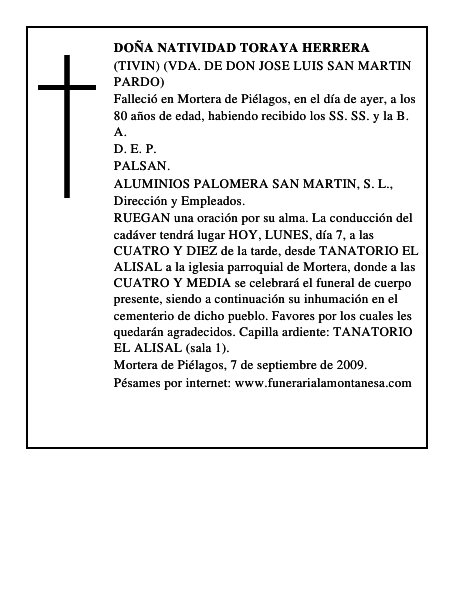DOÑA NATIVIDAD TORAYA HERRERA
