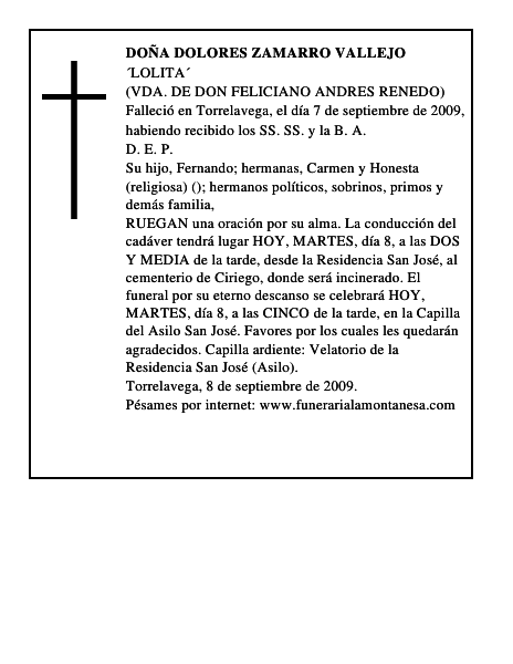 DOÑA DOLORES ZAMARRO VALLEJO