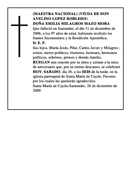 DOÑA EMILIA MILAGROS MAZO MORA