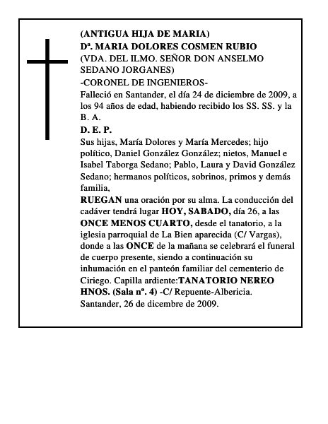 Dª. MARIA DOLORES COSMEN RUBIO