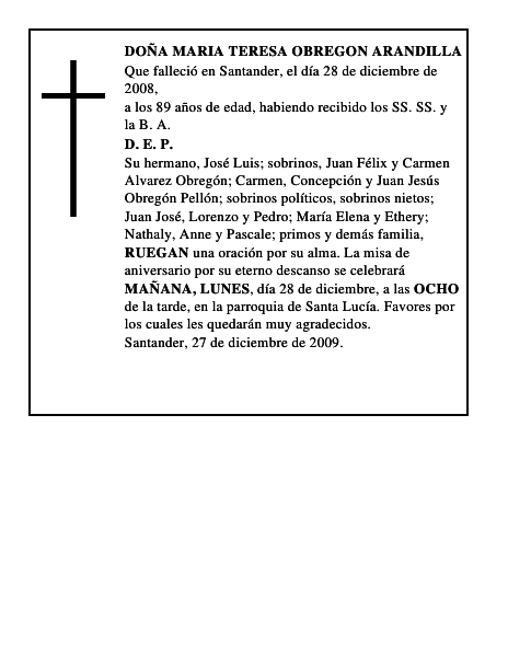 DOÑA MARIA TERESA OBREGON ARANDILLA