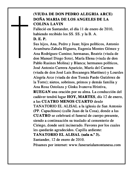 DOÑA MARIA DE LOS ANGELES DE LA COLINA LAVIN