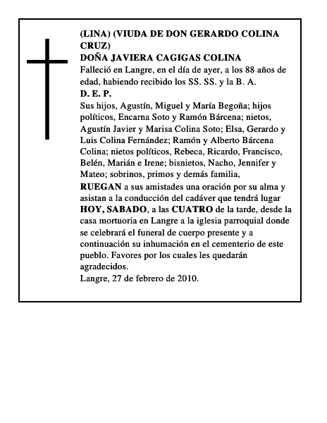 DOÑA JAVIERA CAGIGAS COLINA