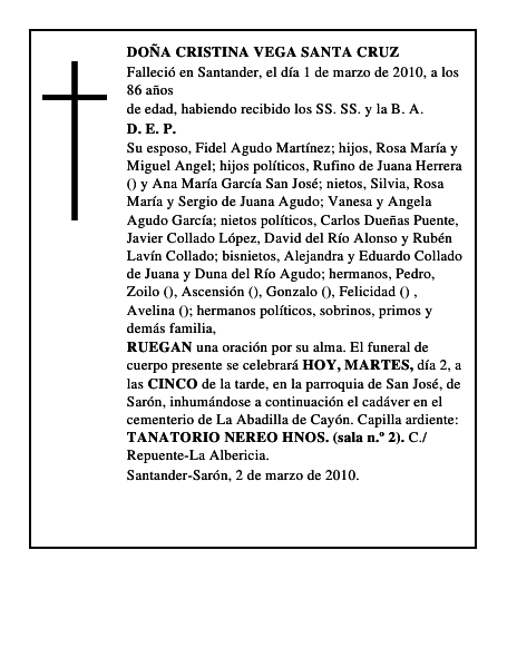 DOÑA CRISTINA VEGA SANTA CRUZ
