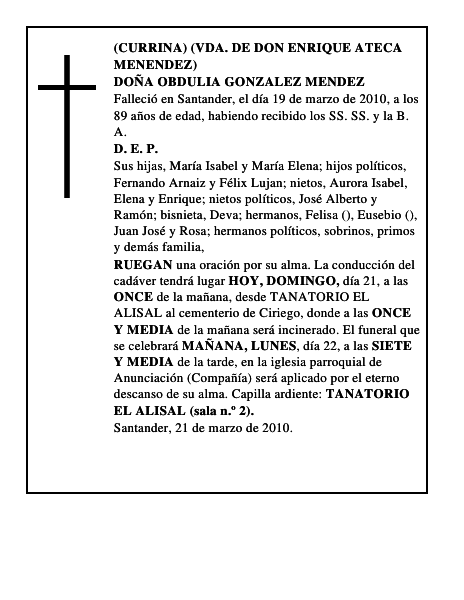 DOÑA OBDULIA GONZALEZ MENDEZ