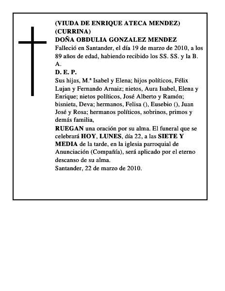 DOÑA OBDULIA GONZALEZ MENDEZ