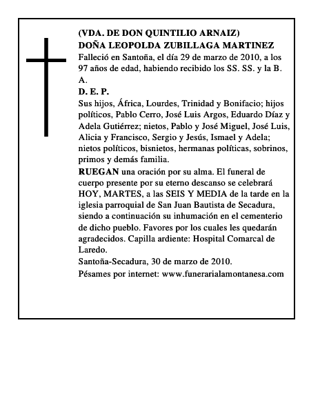 DOÑA LEOPOLDA ZUBILLAGA MARTINEZ