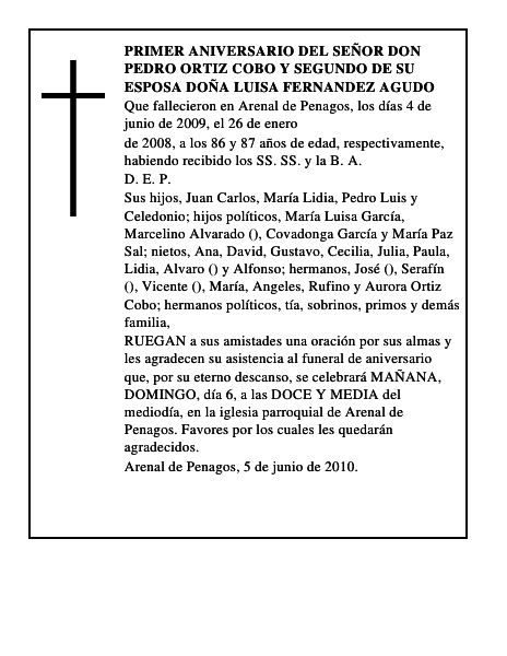 PRIMER ANIVERSARIO DEL SEÑOR DON PEDRO ORTIZ COBO Y SEGUNDO DE SU ESPOSA DOÑA LUISA