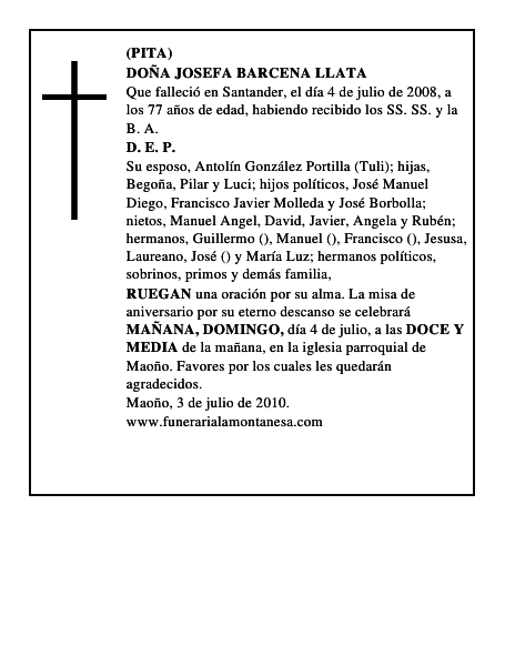 DOÑA JOSEFA BARCENA LLATA