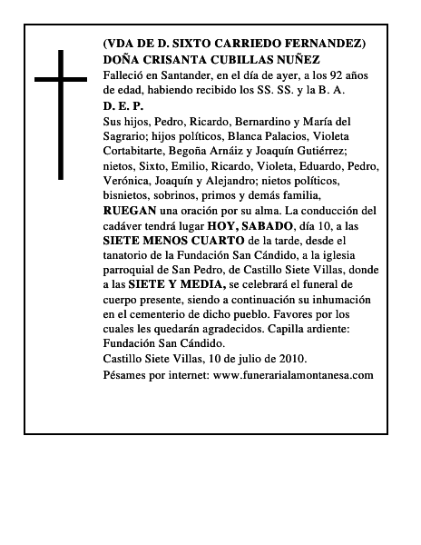 DOÑA CRISANTA CUBILLAS NUÑEZ