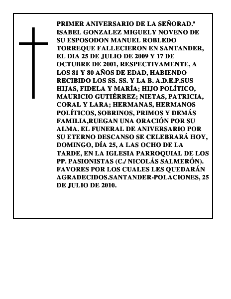 PRIMER ANIVERSARIO DE LA SEÑORAD.ª ISABEL GONZALEZ MIGUELY NOVENO DE SU ESPOSODON MA
