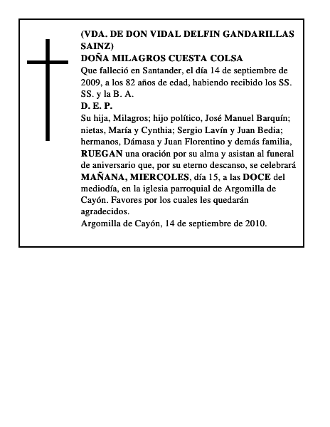 DOÑA MILAGROS CUESTA COLSA