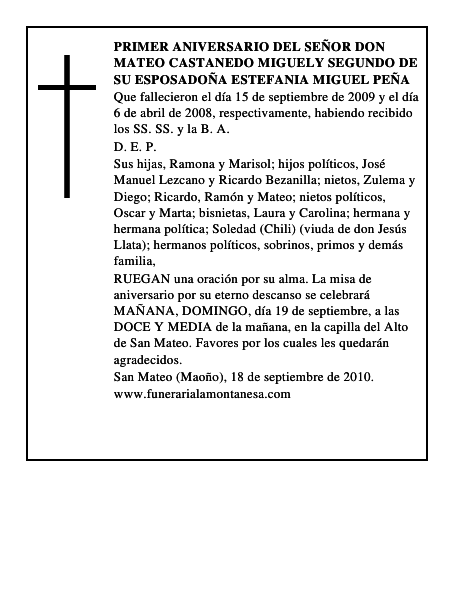 PRIMER ANIVERSARIO DEL SEÑOR DON MATEO CASTANEDO MIGUELY SEGUNDO DE SU ESPOSADOÑA ES
