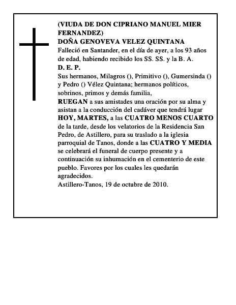 DOÑA GENOVEVA VELEZ QUINTANA