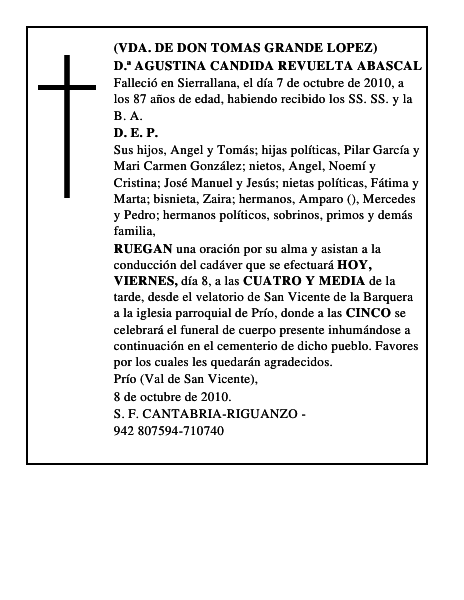 D.ª AGUSTINA CANDIDA REVUELTA ABASCAL