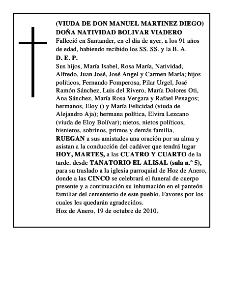 DOÑA NATIVIDAD BOLIVAR VIADERO
