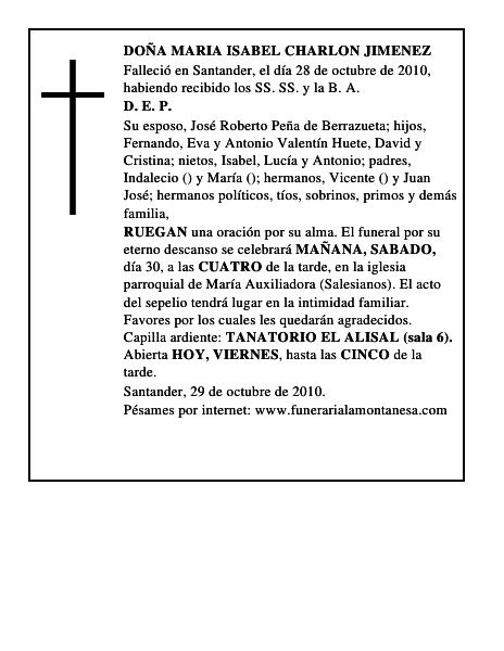 DOÑA MARIA ISABEL CHARLON JIMENEZ