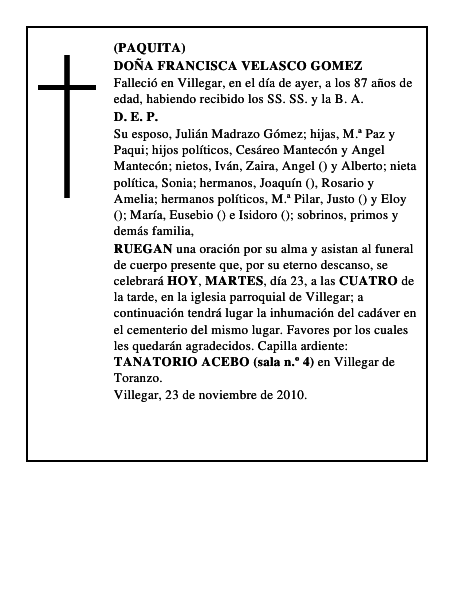 DOÑA FRANCISCA VELASCO GOMEZ
