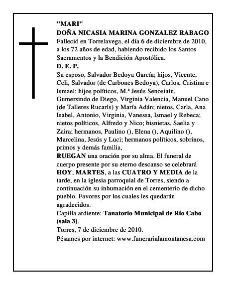 DOÑA NICASIA MARINA GONZALEZ RABAGO