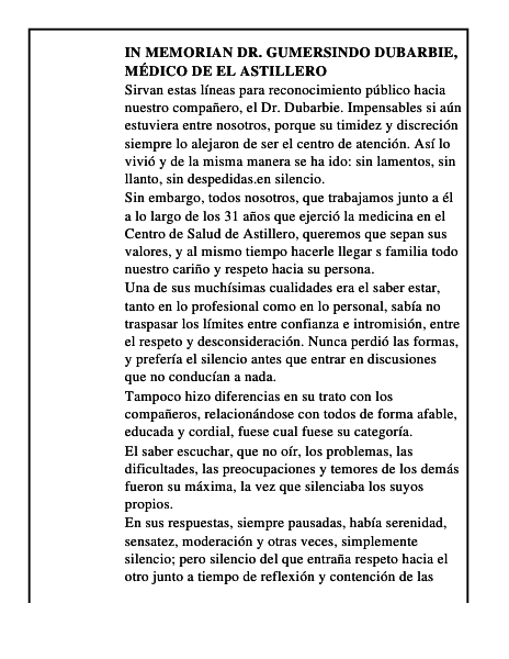 In memorian Dr. Gumersindo Dubarbie, médico de El Astillero