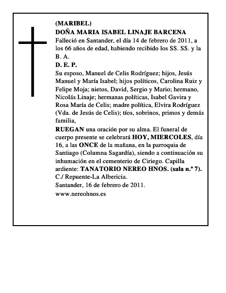 DOÑA MARIA ISABEL LINAJE BARCENA