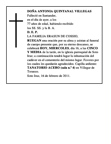 DOÑA ANTONIA QUINTANAL VILLEGAS