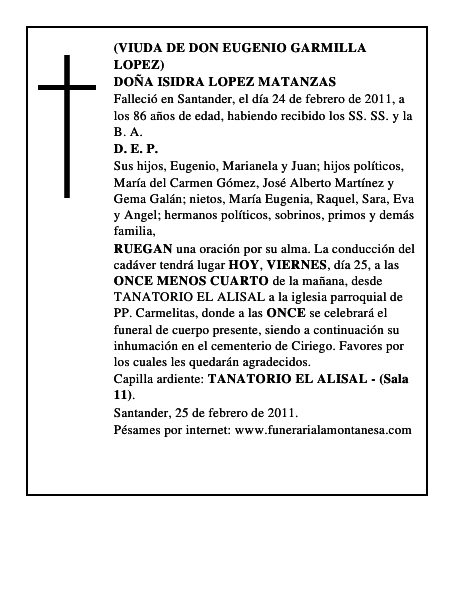 DOÑA ISIDRA LOPEZ MATANZAS