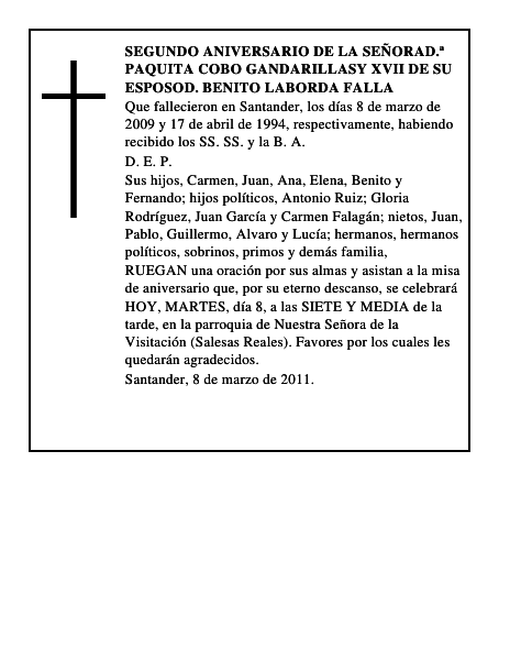SEGUNDO ANIVERSARIO DE LA SEÑORAD.ª PAQUITA COBO GANDARILLASY XVII DE SU ESPOSOD. BENITO LABORDA FALLA