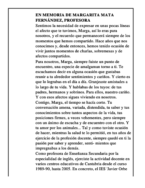 En memoria de Margarita Mata Fernández, profesora