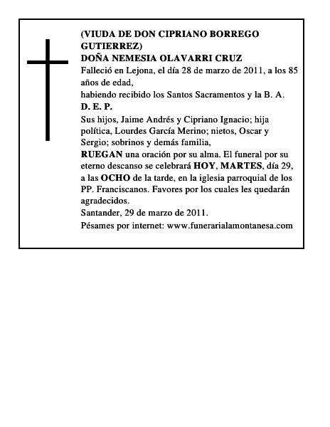 DOÑA NEMESIA OLAVARRI CRUZ