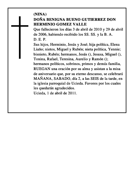 DOÑA BENIGNA BUENO GUTIERREZ DON HERMINIO GOMEZ VALLE