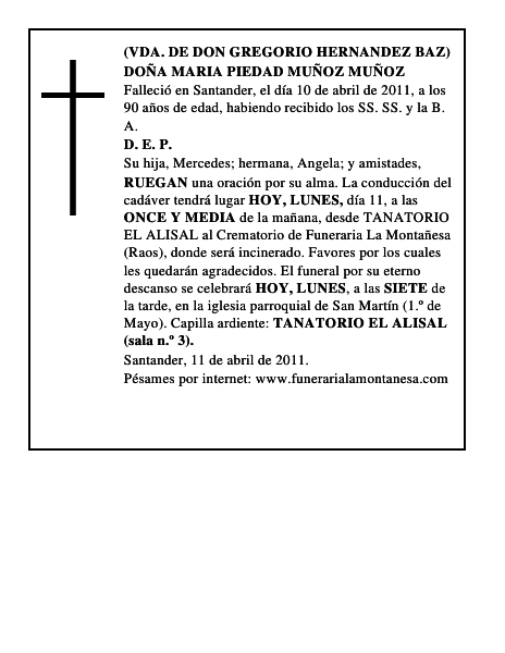 DOÑA MARIA PIEDAD MUÑOZ MUÑOZ
