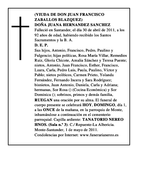 DOÑA JUANA HERNANDEZ SANCHEZ