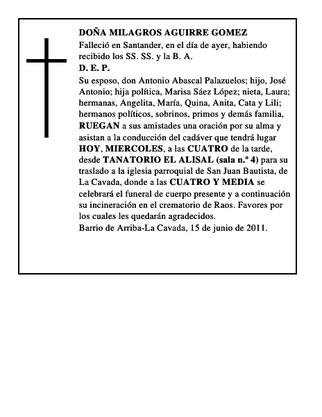 DOÑA MILAGROS AGUIRRE GOMEZ