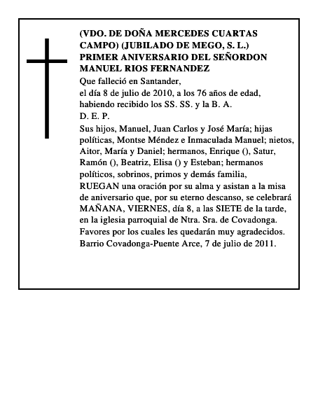PRIMER ANIVERSARIO DEL SEÑORDON MANUEL RIOS FERNANDEZ