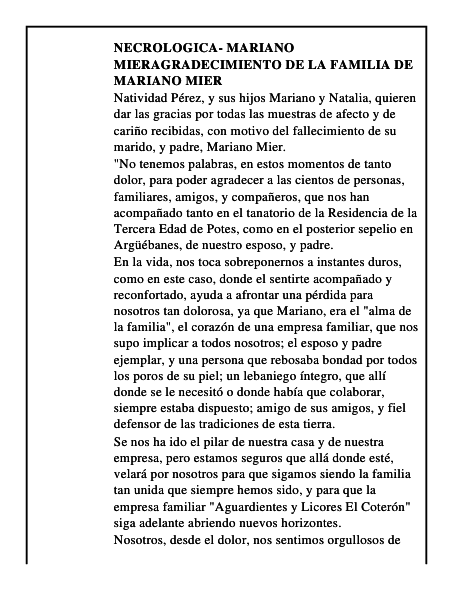 NECROLOGICA- MARIANO MIERAgradecimiento de la familia de Mariano Mier
