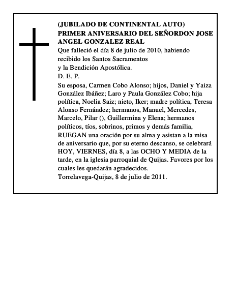 PRIMER ANIVERSARIO DEL SEÑORDON JOSE ANGEL GONZALEZ REAL