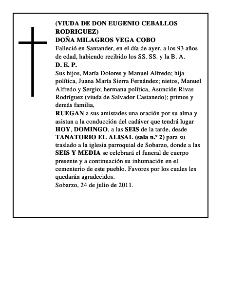 DOÑA MILAGROS VEGA COBO