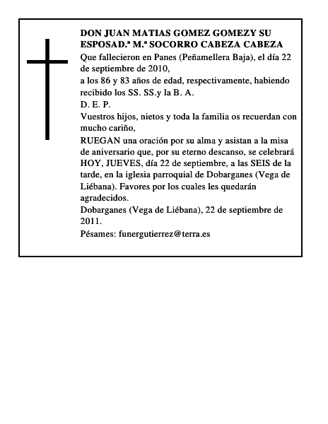DON JUAN MATIAS GOMEZ GOMEZY SU ESPOSAD.ª M.ª SOCORRO CABEZA CABEZA