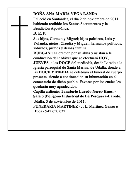 DOÑA ANA MARIA VEGA LANDA