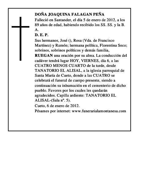 DOÑA JOAQUINA FALAGAN PEÑA