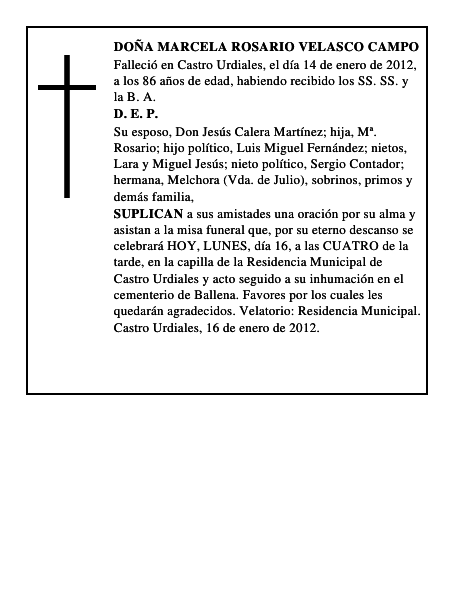 DOÑA MARCELA ROSARIO VELASCO CAMPO