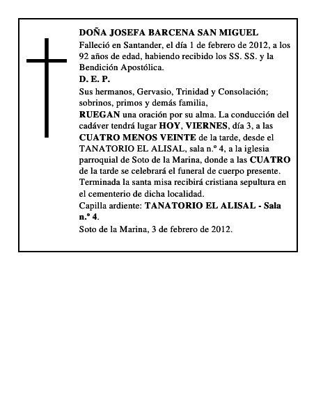 DOÑA JOSEFA BARCENA SAN MIGUEL
