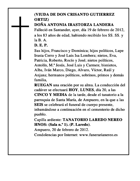 DOÑA ANTONIA IRASTORZA LANDERA